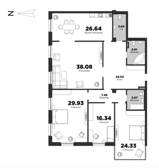 NEVA HAUS, Корпус 1, 4 спальни, 184.86 м² | планировка элитных квартир Санкт-Петербурга | М16